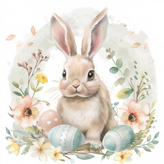 Colorful watercolor ilustration with a easter bunny and easter eggs in a flower field