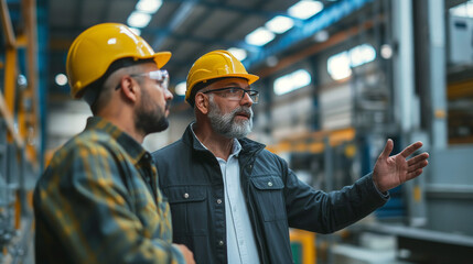 Engineer consulting with the foreman in a modern industrial factory, discussing new production projects or investments. Team management in a manufacturing facility