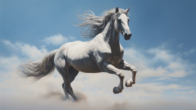 a painting of a white horse galloping through the air with a blue sky background and clouds foreground.