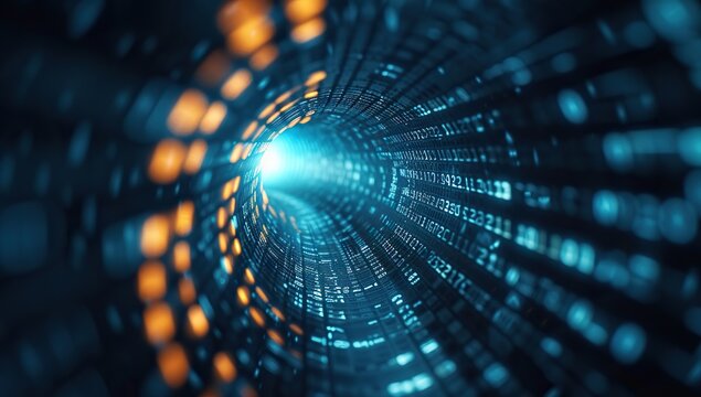 Digital tunnel with binary code and light at the end. The concept of cyberspace and data.