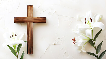 Easter concept, cross and blooming lilies , light background, flat lay, top view. Postcard template for the religious Great Holiday of Holy Easter