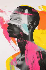 Portrait of young black man in profile in screen printing style with vibrant colors brush strokes