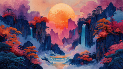una pintura de paisaje de fantasía gouache limpia con mucha textura y colores llamativos