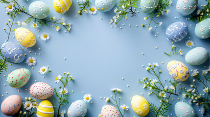 easter background with eggs and flowers  with copy space area 