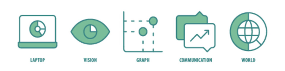 World, Communication, Graph, Vision, Laptop editable stroke outline icons set isolated on white background flat vector illustration.