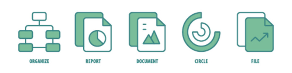 File, Circle, Document, Report, Organize editable stroke outline icons set isolated on white background flat vector illustration.