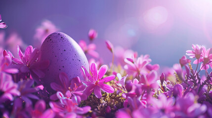 purple flowers and eggs on a lila background  with copy space area 