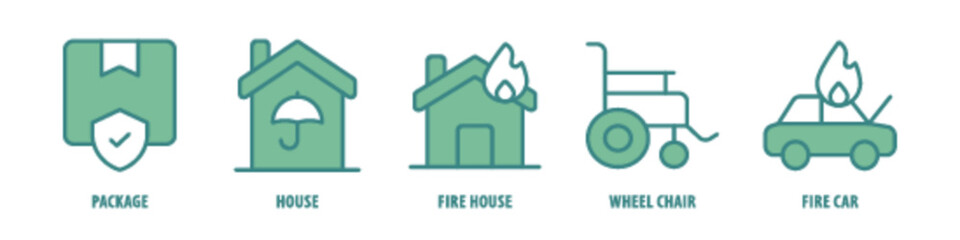 Fire, Car, Wheel Chair, Fire house, House, Package editable stroke outline icons set isolated on white background flat vector illustration.