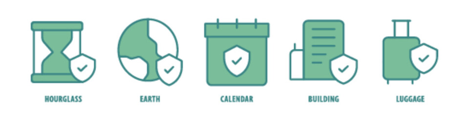 Luggage, Building, Calendar, Earth, Hourglass editable stroke outline icons set isolated on white background flat vector illustration.