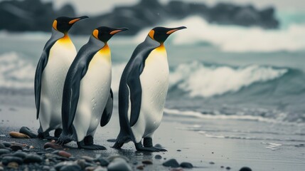 a group of three penguins standing on top of a beach next to a body of water with waves in the background.