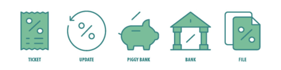 File, Bank, Piggy bank, Update, Ticket editable stroke outline icons set isolated on white background flat vector illustration.