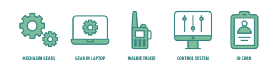 Id Card, Control System, Walkie Talkie, Gear in Laptop, Mechanism Gears editable stroke outline icons set isolated on white background flat vector illustration.