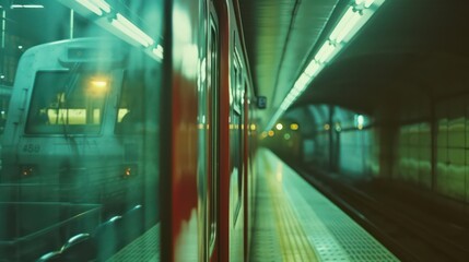A perspective view of a subway train arriving at an underground station with reflections and lighting effects