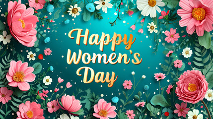 Fototapeta na wymiar Happy womens day with pink flowers on a blue background