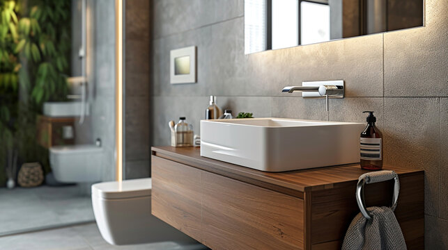 Bright bathroom with white sink on a wooden countertop, monochrome beige colors, daytime. Interior design