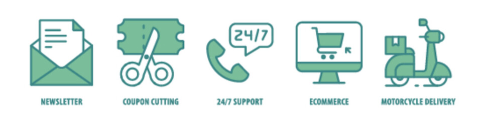 Motorcycle Delivery, E-commerce, 24/7 Support, Coupon Cutting, Newsletter editable stroke outline icons set isolated on white background flat vector illustration.