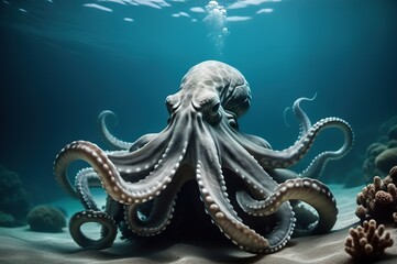Fototapeta premium Big and scary octopus underwater in the ocean, sea.