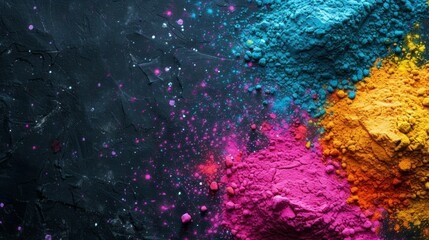 Fototapeta premium Colored scattering of multi-colored powder on a dark background. Holi celebration concept in India 