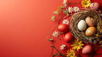 easter eggs and flowers on red background  with copy space area 