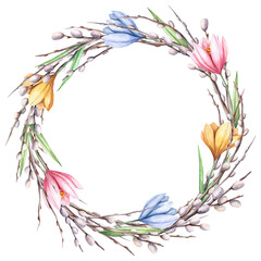Naklejka premium A wreath of spring willow branches with young fluffy buds and flowers. Hand drawn isolated watercolor illustration of tree branches for Easter design, invitations, greeting cards, packaging