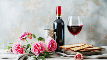 Elegant Passover celebration setting with wine, matzo and spring flowers on a light table. Religious Jewish Passover concept