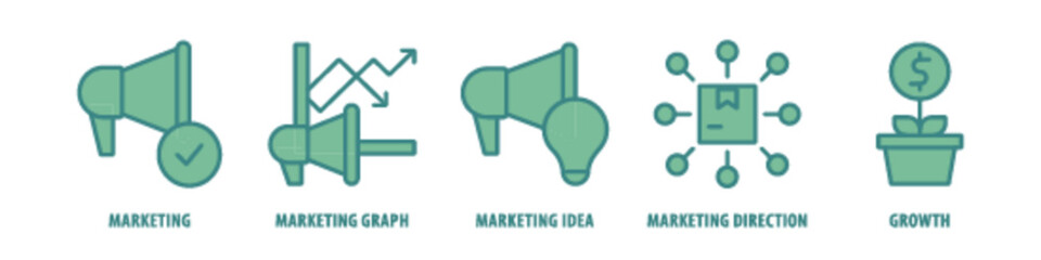 Growth, Marketing direction, Marketing Idea, Marketing Graph, Marketing editable stroke outline icons set isolated on white background flat vector illustration.