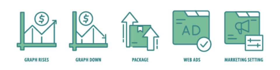 Marketing setting, Web ads, Package, Graph down, Graph rises editable stroke outline icons set isolated on white background flat vector illustration.