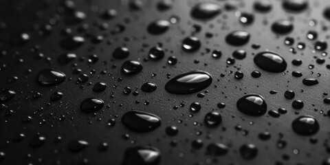 Raindrops delicately pattern on a pristine soft black glass, each drop creating a unique, tranquil pattern