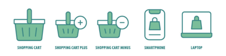 Laptop, Smartphone, Shopping cart minus, Shopping cart plus, Shopping cart editable stroke outline icons set isolated on white background flat vector illustration.