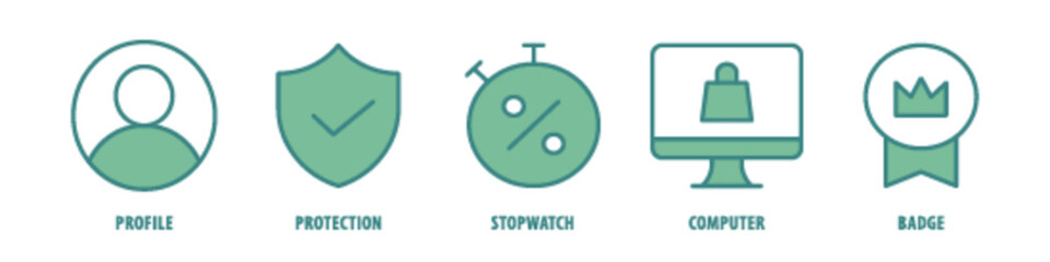 Badge, Computer, Stopwatch, Protection, Profile editable stroke outline icons set isolated on white background flat vector illustration.