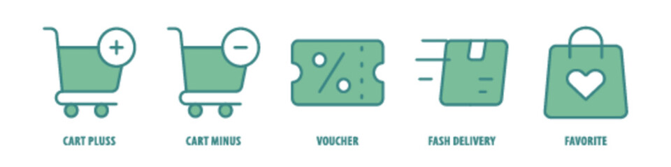 Favorite, Flash Delivery, Voucher, Cart Minus, Cart Plus editable stroke outline icons set isolated on white background flat vector illustration.
