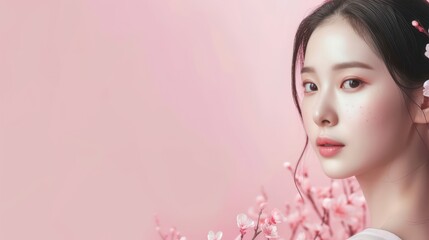 Fototapeta premium Beauty care background: A beautiful Korean woman caring for her skin, with copy space, against a pink backdrop