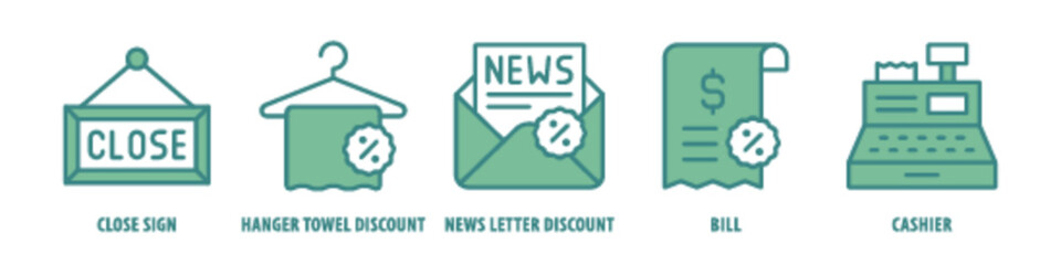 Cashier, Bill, News letter, Discount, Hanger towel, Discount, Close sign editable stroke outline icons set isolated on white background flat vector illustration.