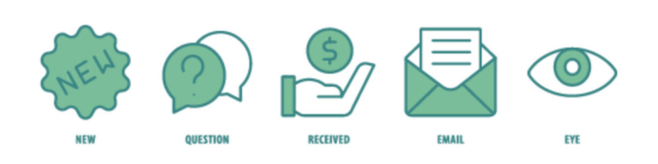 Eye, Email, Received, Question, New editable stroke outline icons set isolated on white background flat vector illustration.