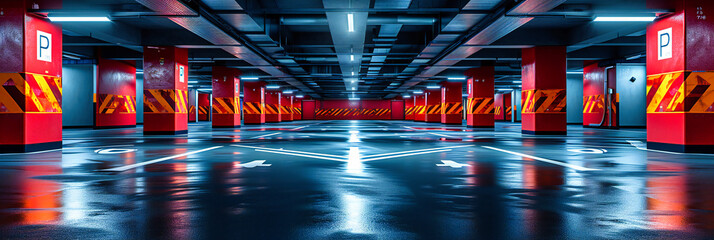 Neon Lit Underground Garage, Dark Concrete Space with Futuristic Design, Abstract Architecture...