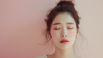 Beauty care background: A beautiful Korean woman caring for her skin, with copy space, against a pink backdrop