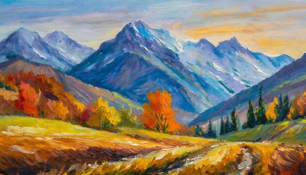 Beautiful autumn scenery with mountains. Natural landscape. Oil painting