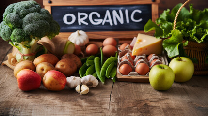 variety of fresh organic produce and dairy items displayed on a wooden surface, with a blackboard sign reading "ORGANIC" in the background.
