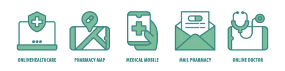 Online doctor, Mail pharmacy, Medical mobile, Pharmacy Map, Online Healthcare editable stroke outline icons set isolated on white background flat vector illustration.