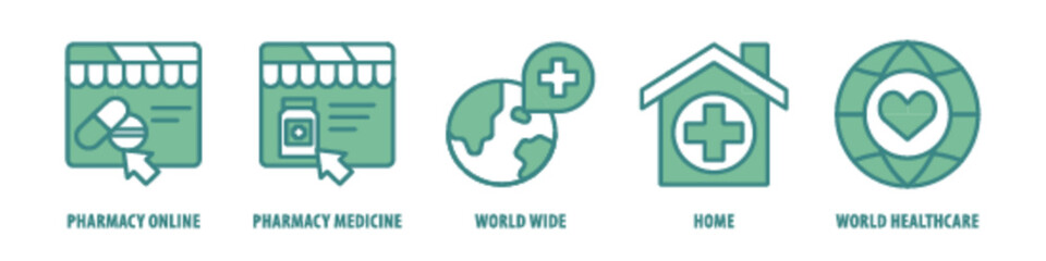 World, Healthcare, Home, World Wide, Pharmacy Medicine, Pharmacy Online editable stroke outline icons set isolated on white background flat vector illustration.