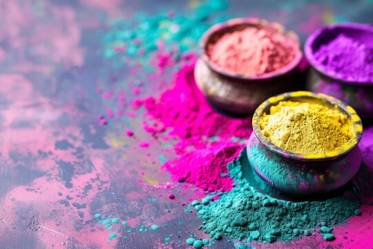 Colored scattering of multi-colored powder in a bowl on a dark background. Holi celebration concept in India	
