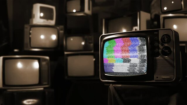Old TV Turning On Flickering Color Bars and Static Noise Against A Retro TV Wall. Sepia Tone. 4K Resolution.