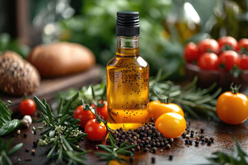 Elaboración tradicional de aceite de oliva virgen extra, Europa, España, dieta mediterránea, dieta saludable, bodegón botella de aceite - obrazy, fototapety, plakaty