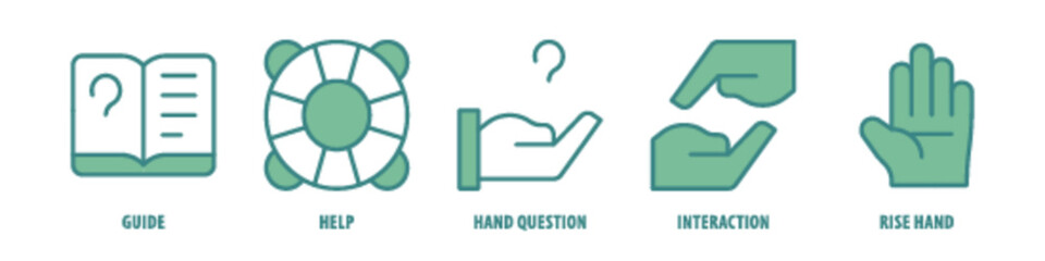 Rise Hand, Interaction, Hand question, Help, Guide editable stroke outline icons set isolated on white background flat vector illustration.