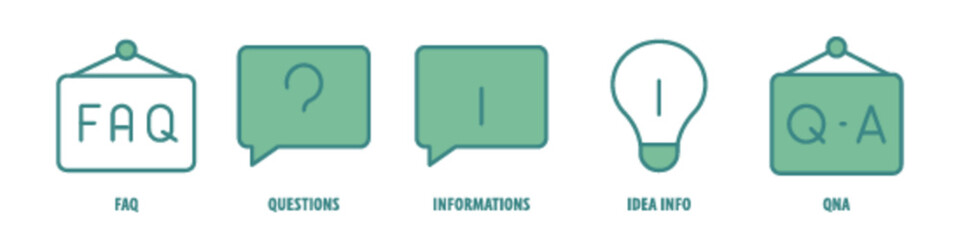 QnA, Idea, Info, Information, Questions, FAQ editable stroke outline icons set isolated on white background flat vector illustration.