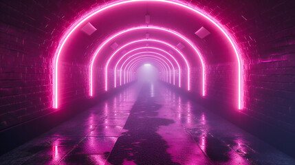 Neon Light Tunnel with Futuristic Design, Abstract Pink and Blue Corridor, Modern Interior Space Concept