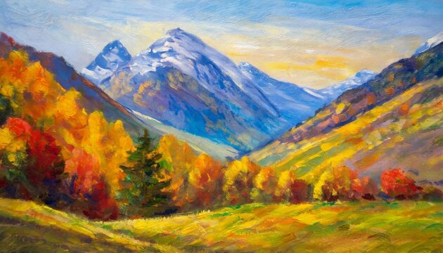 Beautiful autumn scenery with mountains. Natural landscape. Oil painting
