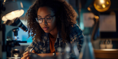 Portrait of a young female scientist working in a laboratory with a microscope. Research, innovations, education in science for women. Girls in STEM concept. Banner with copyspace. 