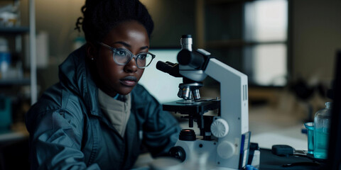 Portrait of a young female scientist working in a laboratory with a microscope. Research, innovations, education in science for women. Girls in STEM concept. Banner with copy space. 