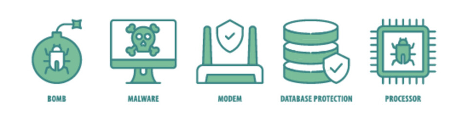 Processor, Database protection, Modem, Malware, Bomb editable stroke outline icons set isolated on white background flat vector illustration.